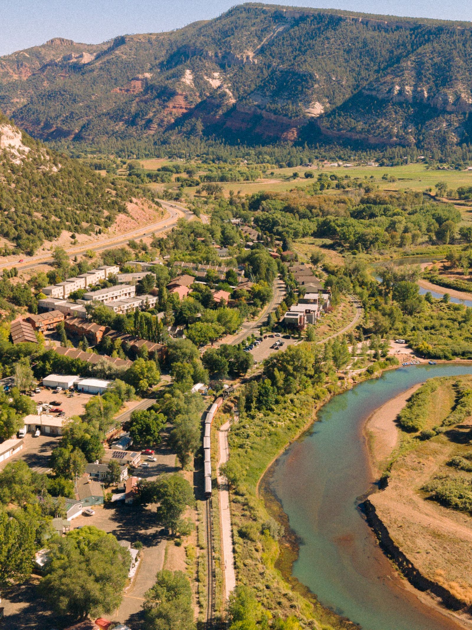 Aerial view of the Animas River and train tracks in Durango