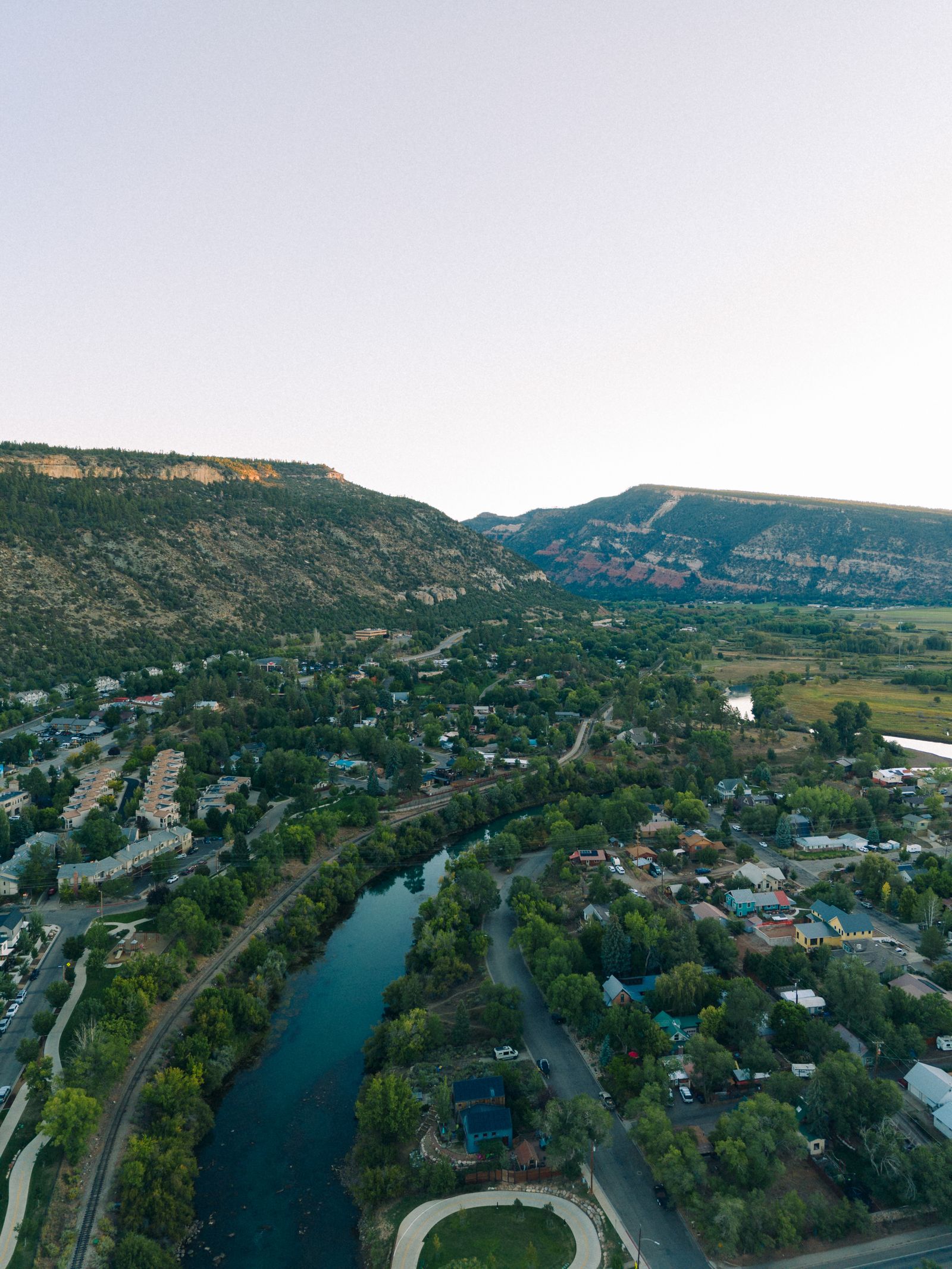 Aerial view of the Animas River winding through Durango, Colorado