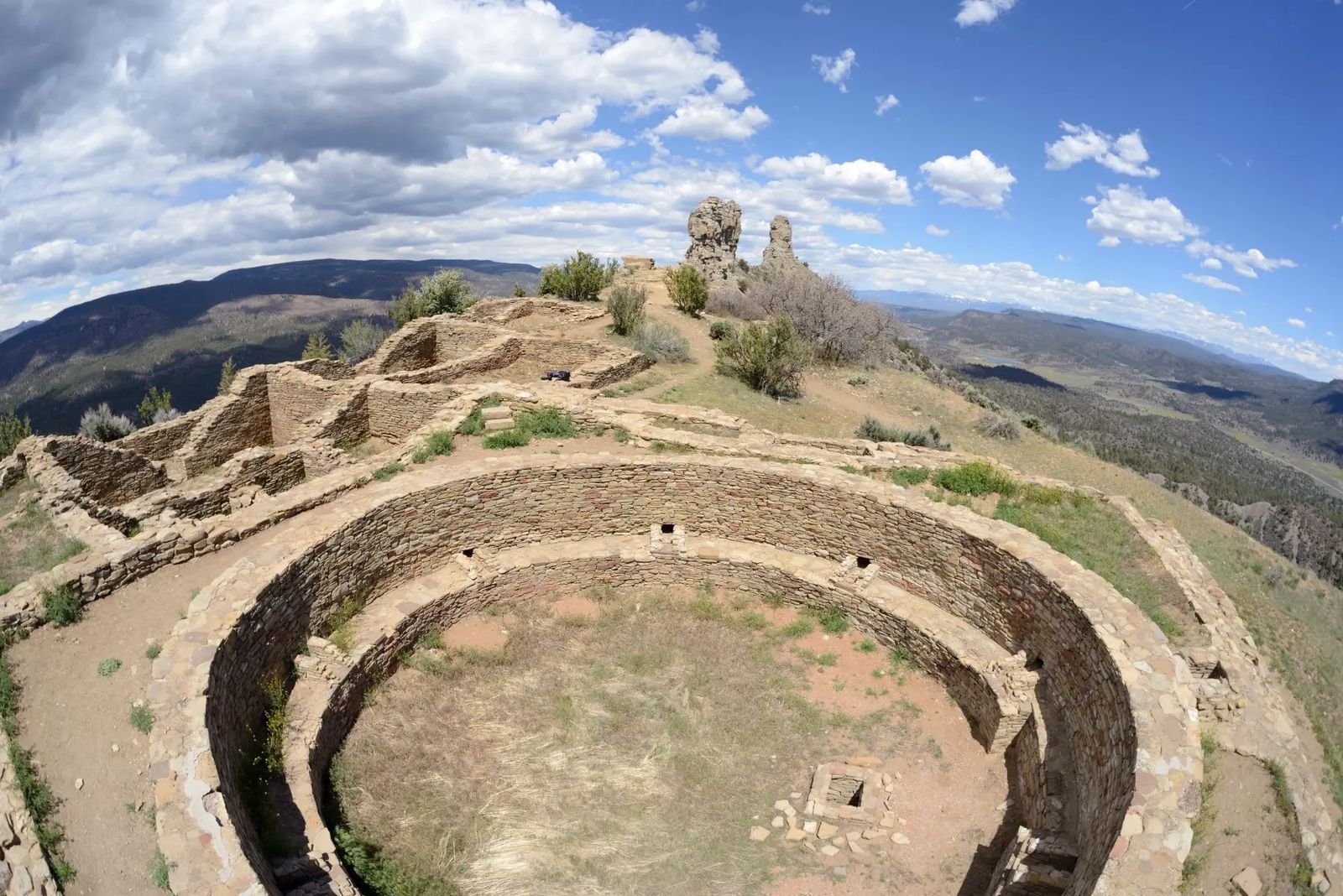 Chimney Rock National Monument Colorado - Ancient Puebloan kiva ruins with twin rock spires near Durango