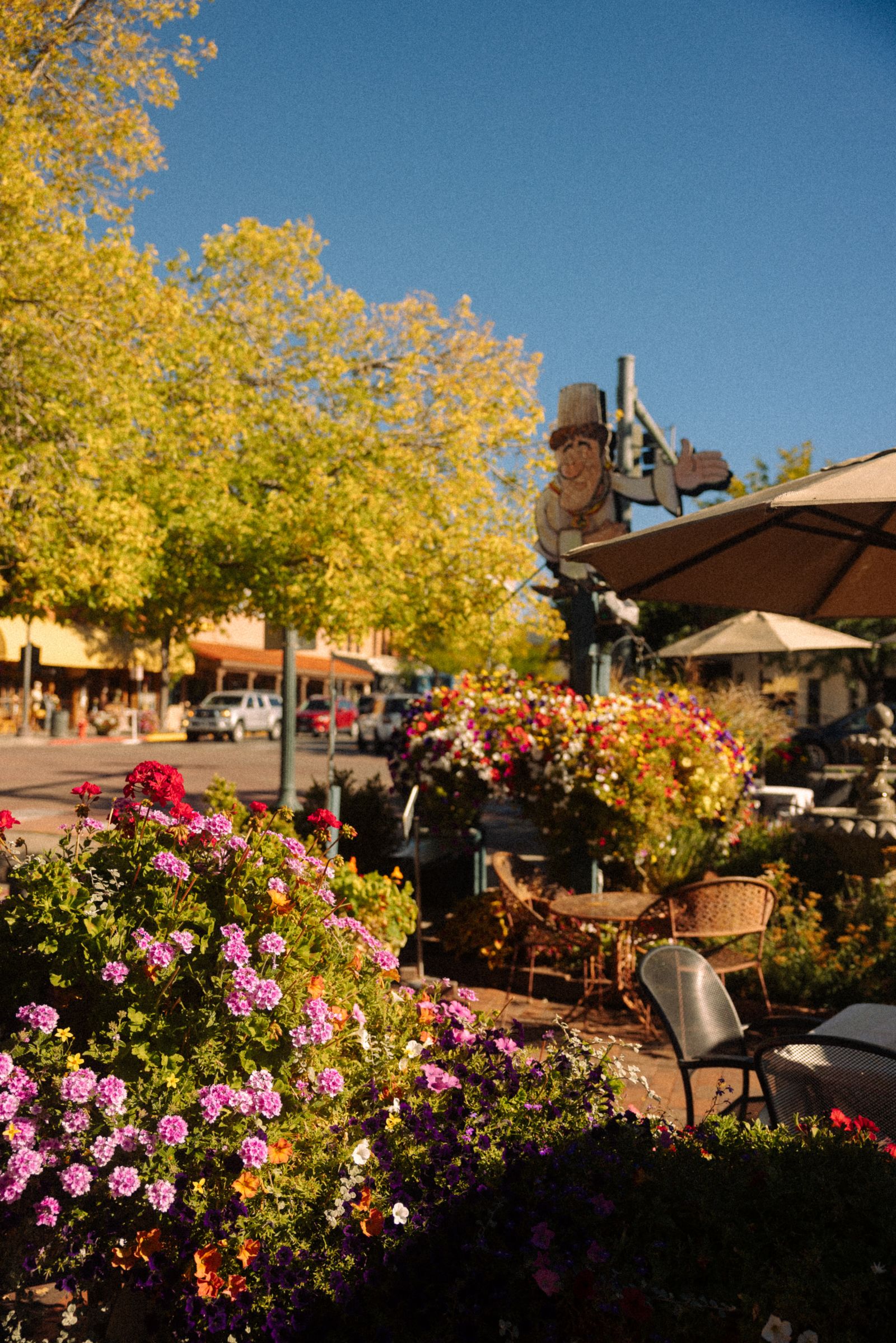 Flower filled patio on Main Avenue in downtown Durango