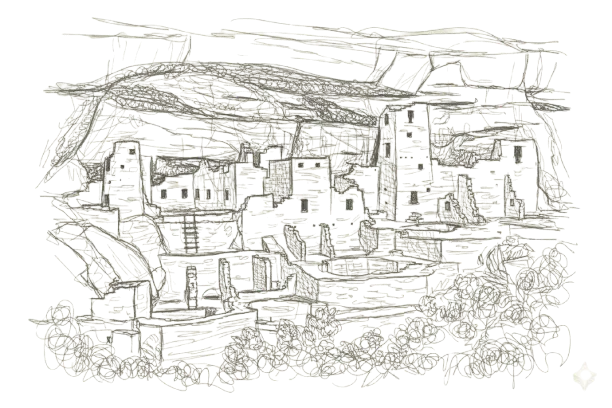 Pencil sketch of the stone cliff dwellings at Mesa Verde National Park