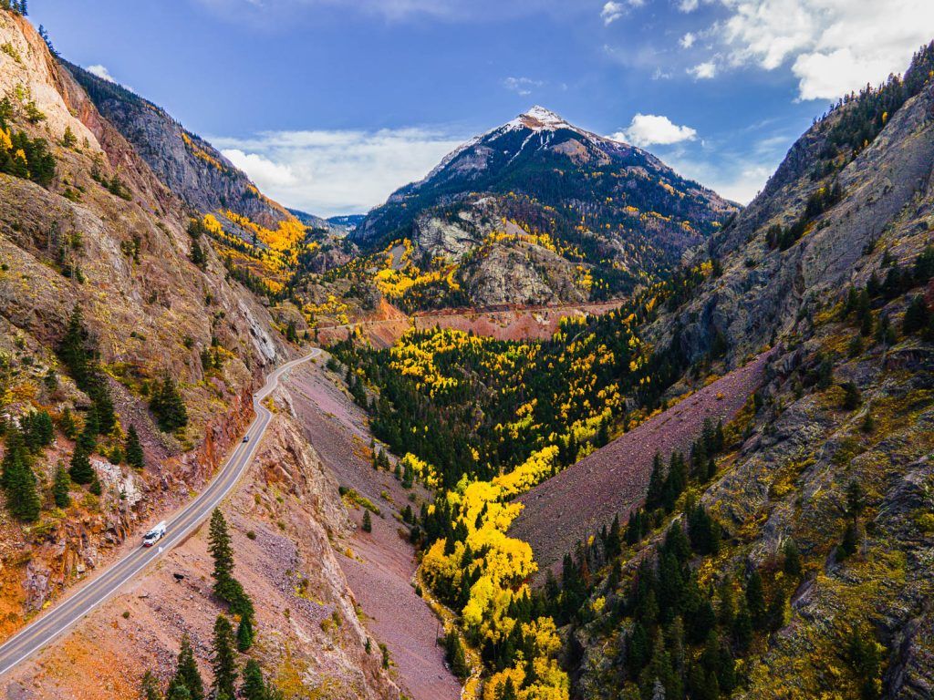 Million Dollar Highway Colorado - Scenic mountain road winding through San Juan Mountains with fall colors near Durango