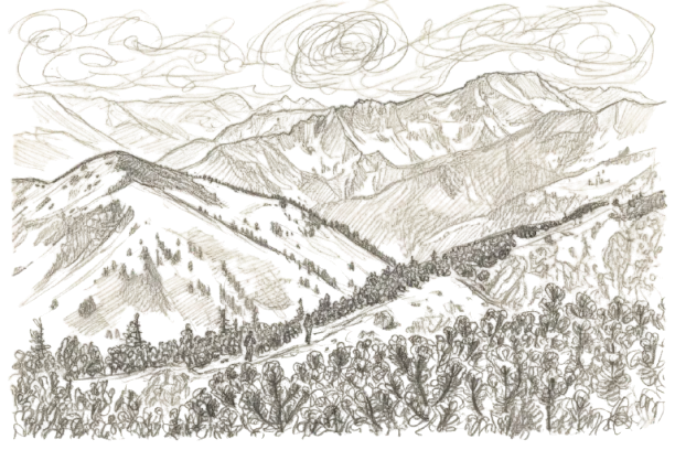 Pencil sketch of San Juan Mountains ridgelines above forested valleys