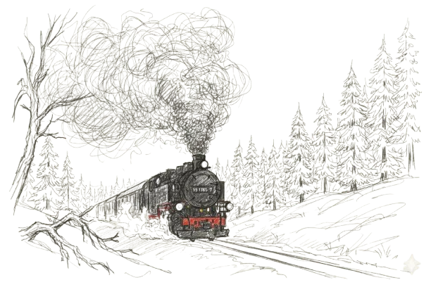 Pencil sketch of a steam locomotive puffing smoke through snowy pine forest