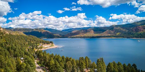 Vallecito Lake Colorado - Aerial view of pristine mountain reservoir surrounded by pine forests near Durango